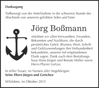Traueranzeige von Jörg Boßmann von Super Sonntag Aschersleben