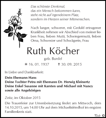 Traueranzeige von Ruth Köcher von Super Sonntag Zeitz