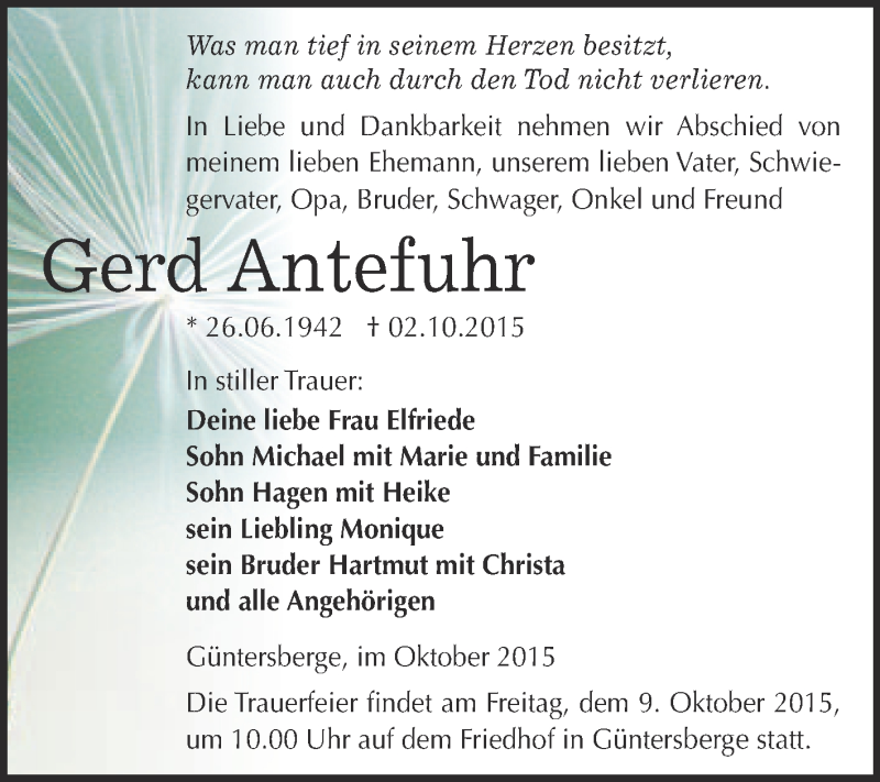  Traueranzeige für Gerd Antefuhr vom 07.10.2015 aus WVG - Wochenspiegel Quedlinburg