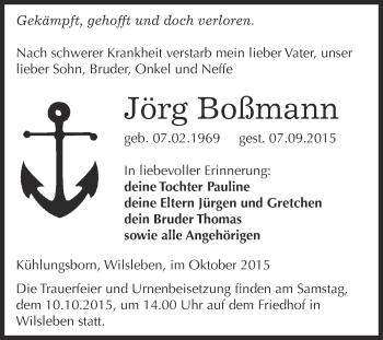 Traueranzeige von Jörg Boßmann von Super Sonntag Aschersleben