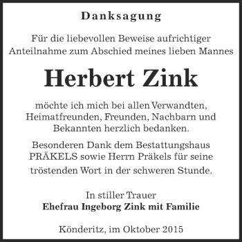 Traueranzeige von Herbert Zink von Super Sonntag Zeitz