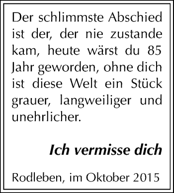 Traueranzeige von Ich vermisse dich  von Mitteldeutsche Zeitung Dessau-Roßlau