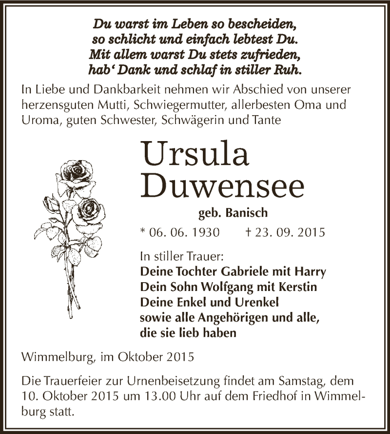  Traueranzeige für Ursula Duwensee vom 07.10.2015 aus Wochenspiegel Mansfelder Land