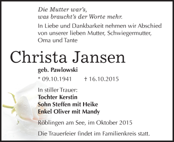 Traueranzeige von Christa Jansen von Mitteldeutsche Zeitung Mansfelder Land