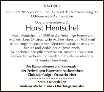 Traueranzeige von Horst Hentschel von Super Sonntag Aschersleben