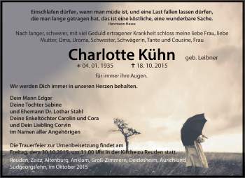 Traueranzeige von Charlotte Kühn von Super Sonntag Zeitz
