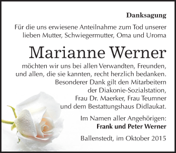 Traueranzeige von Marianne Werner von Mitteldeutsche Zeitung Quedlinburg