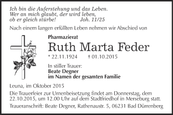 Traueranzeige von Ruth Marta Feder von WVG - Wochenspiegel Merseburg
