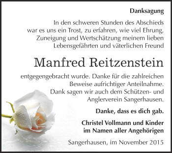 Traueranzeige von Manfred Reitzenstein von Super Sonntag SGH Mansf. Land