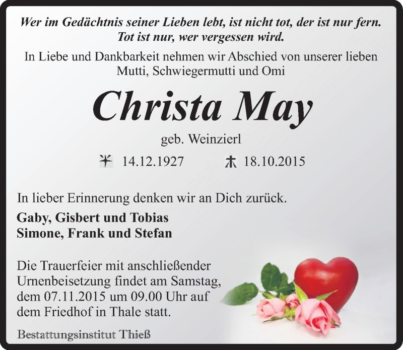  Traueranzeige für Christa May vom 24.10.2015 aus Mitteldeutsche Zeitung Quedlinburg