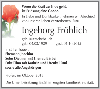 Traueranzeige von Ingeborg Fröhlich von Super Sonntag Zeitz