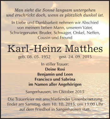 Traueranzeige von Karl-Heinz Matthes von Mitteldeutsche Zeitung Sangerhausen