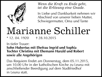 Traueranzeige von Marianne Schiller von Mitteldeutsche Zeitung Halle/Saalkreis
