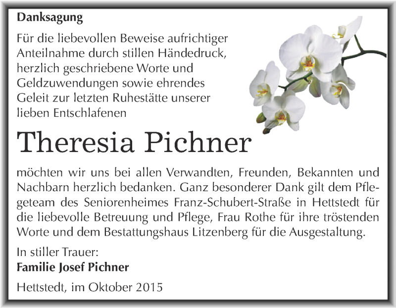  Traueranzeige für Theresia Pichner vom 21.10.2015 aus Wochenspiegel Mansfelder Land