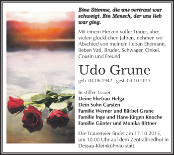 Traueranzeige von Udo Grune von WVG - Wochenspiegel Dessau / Köthen