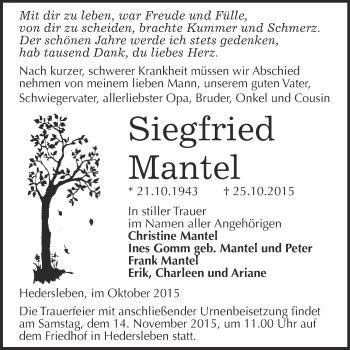 Traueranzeige von Siegfried Mantel von WVG - Wochenspiegel Quedlinburg
