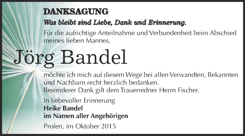  Traueranzeige für Jörg Bandel vom 31.10.2015 aus Super Sonntag Zeitz