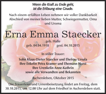 Traueranzeige von Erna Emma Staecker von Super Sonntag Aschersleben