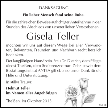 Traueranzeige von Gisela Teller von Super Sonntag Zeitz