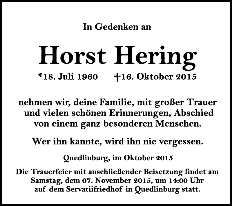  Traueranzeige für Horst Hering vom 24.10.2015 aus WVG - Wochenspiegel Quedlinburg