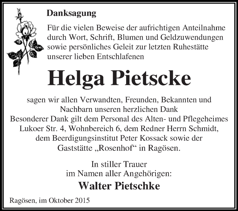  Traueranzeige für Helga Pietscke vom 24.10.2015 aus WVG - Wochenspiegel Dessau / Köthen
