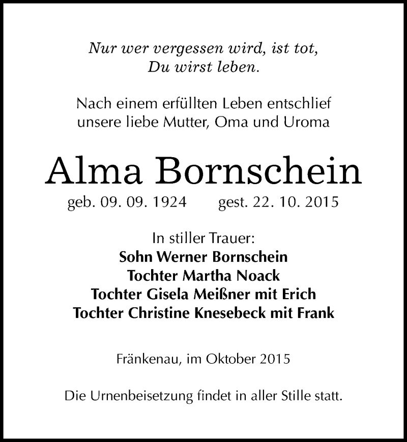  Traueranzeige für Alma Bornschein vom 27.10.2015 aus Mitteldeutsche Zeitung Naumburg/Nebra