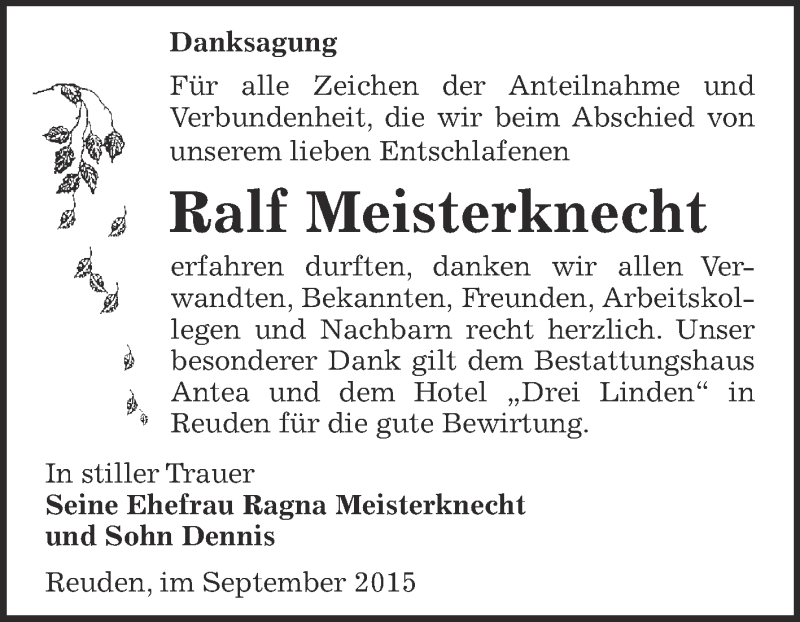  Traueranzeige für Ralf Meisterknecht vom 03.10.2015 aus Super Sonntag Zeitz