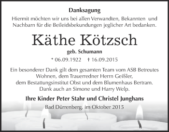 Traueranzeige von Käthe Kötzsch von Super Sonntag Merseburg