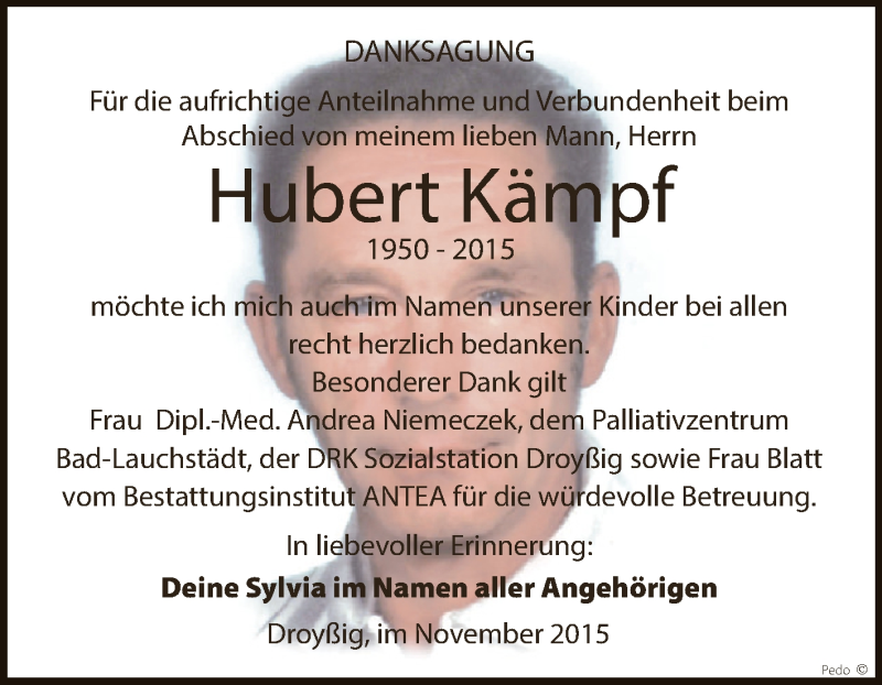  Traueranzeige für Hubert Kämpf vom 31.10.2015 aus Super Sonntag Zeitz
