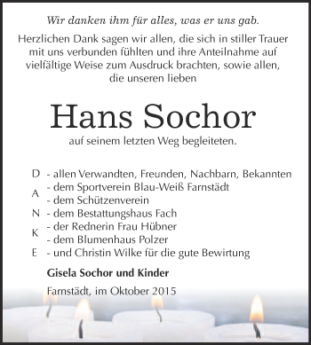 Traueranzeige von Hans Sochor von WVG - Wochenspiegel Merseburg