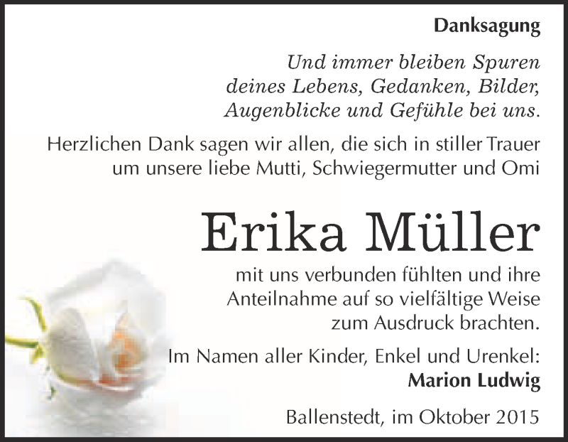  Traueranzeige für Erika Müller vom 17.10.2015 aus WVG - Wochenspiegel Quedlinburg