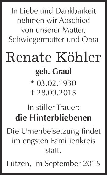 Traueranzeige von Renate Köhler von Super Sonntag Merseburg