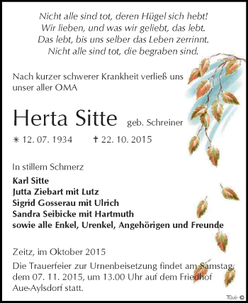 Traueranzeige von Herta Sitte von Super Sonntag Zeitz