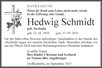 Traueranzeige von Hedwig Schmidt von WVG - Wochenspiegel Merseburg