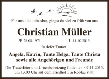 Traueranzeige von Christian Müller von WVG - Wochenspiegel Dessau / Köthen