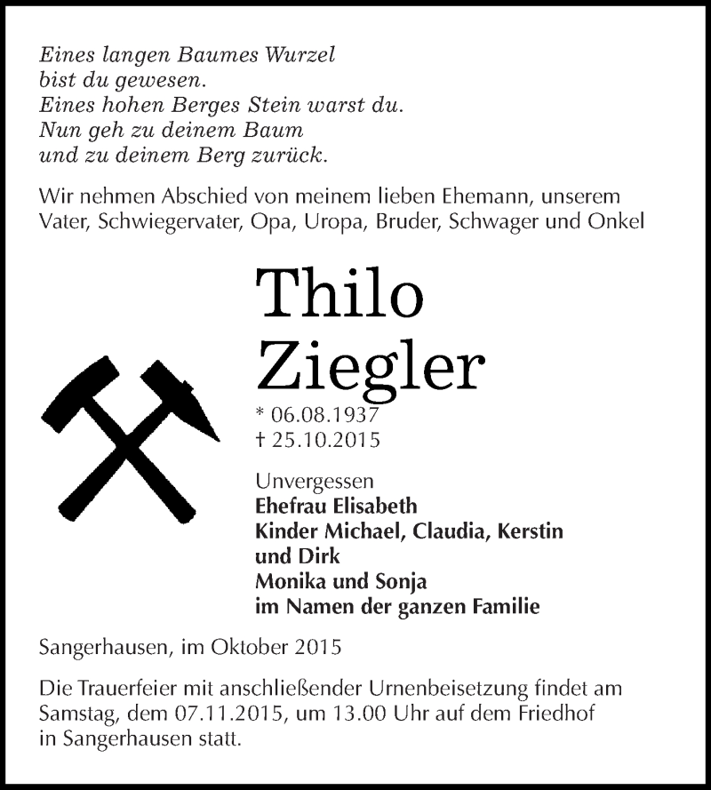  Traueranzeige für Thilo Ziegler vom 31.10.2015 aus Super Sonntag SGH Mansf. Land