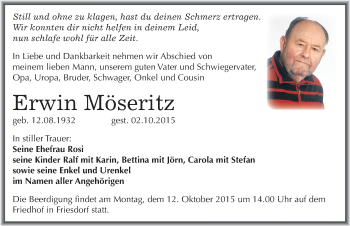 Traueranzeige von Erwin Möseritz von Mitteldeutsche Zeitung Mansfelder Land