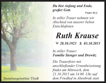 Traueranzeige von Ruth Krause von Super Sonntag Quedlinburg