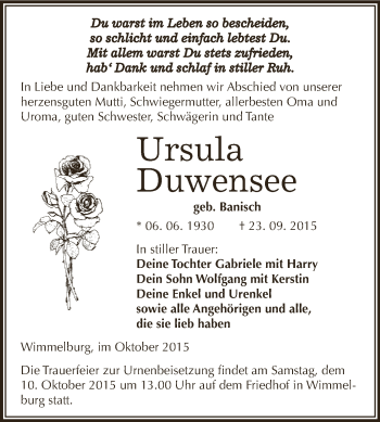 Traueranzeige von Ursula Duwensee von Wochenspiegel Mansfelder Land