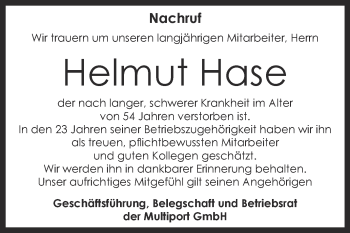 Traueranzeige von Helmut Hase von Super Sonntag Bernburg