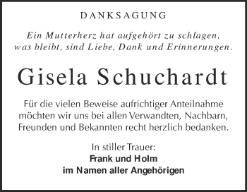 Traueranzeige von Gisela Schuchardt von WVG - Wochenspiegel NMB / WSF / ZTZ