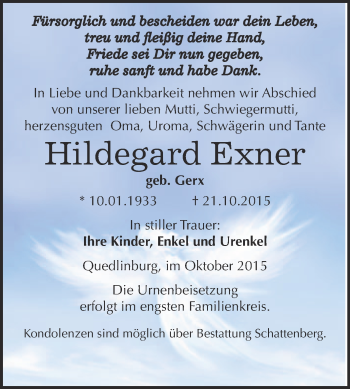 Traueranzeige von Hildegard Exner von Super Sonntag Quedlinburg
