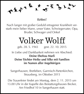 Traueranzeige von Volker Wolff von Super Sonntag SGH Mansf. Land
