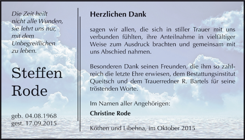  Traueranzeige für Steffen Rode vom 15.10.2015 aus Mitteldeutsche Zeitung Köthen