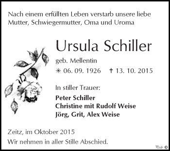 Traueranzeige von Ursula Schiller von Super Sonntag Zeitz