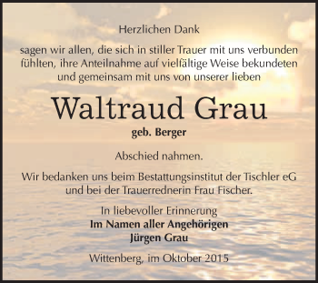 Traueranzeige von Waltraud Grau von WVG - Wochenspiegel Wittenberg