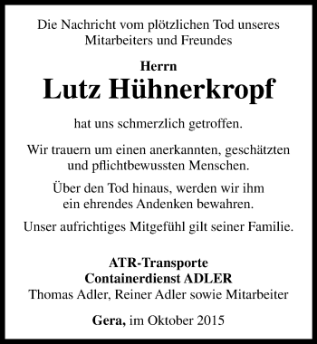 Traueranzeige von Lutz Hühnerkropf von Mitteldeutsche Zeitung Zeitz
