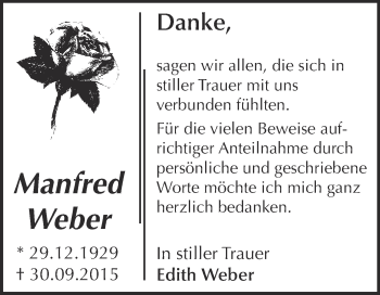 Traueranzeige von Manfred Weber von WVG - Wochenspiegel Dessau / Köthen