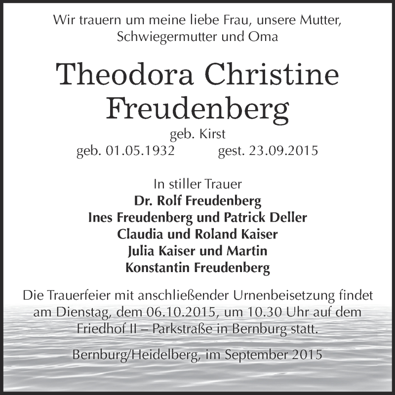  Traueranzeige für Theodora Christine Freudenberg vom 03.10.2015 aus Super Sonntag Bernburg