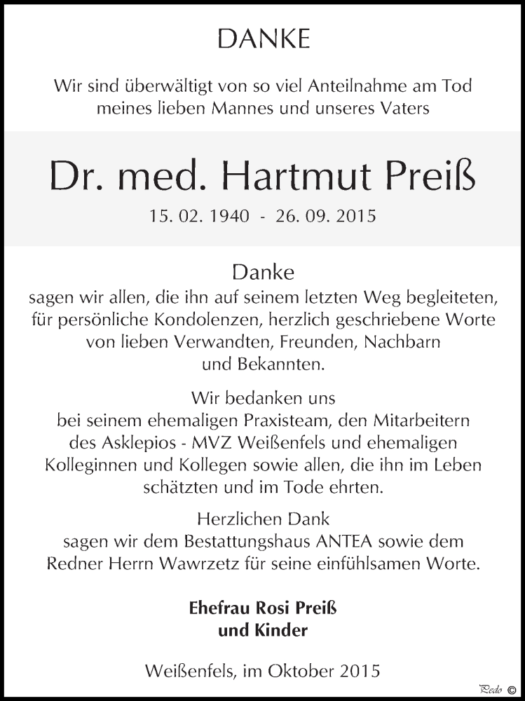  Traueranzeige für Hartmut Preiß vom 28.10.2015 aus WVG - Wochenspiegel NMB / WSF / ZTZ